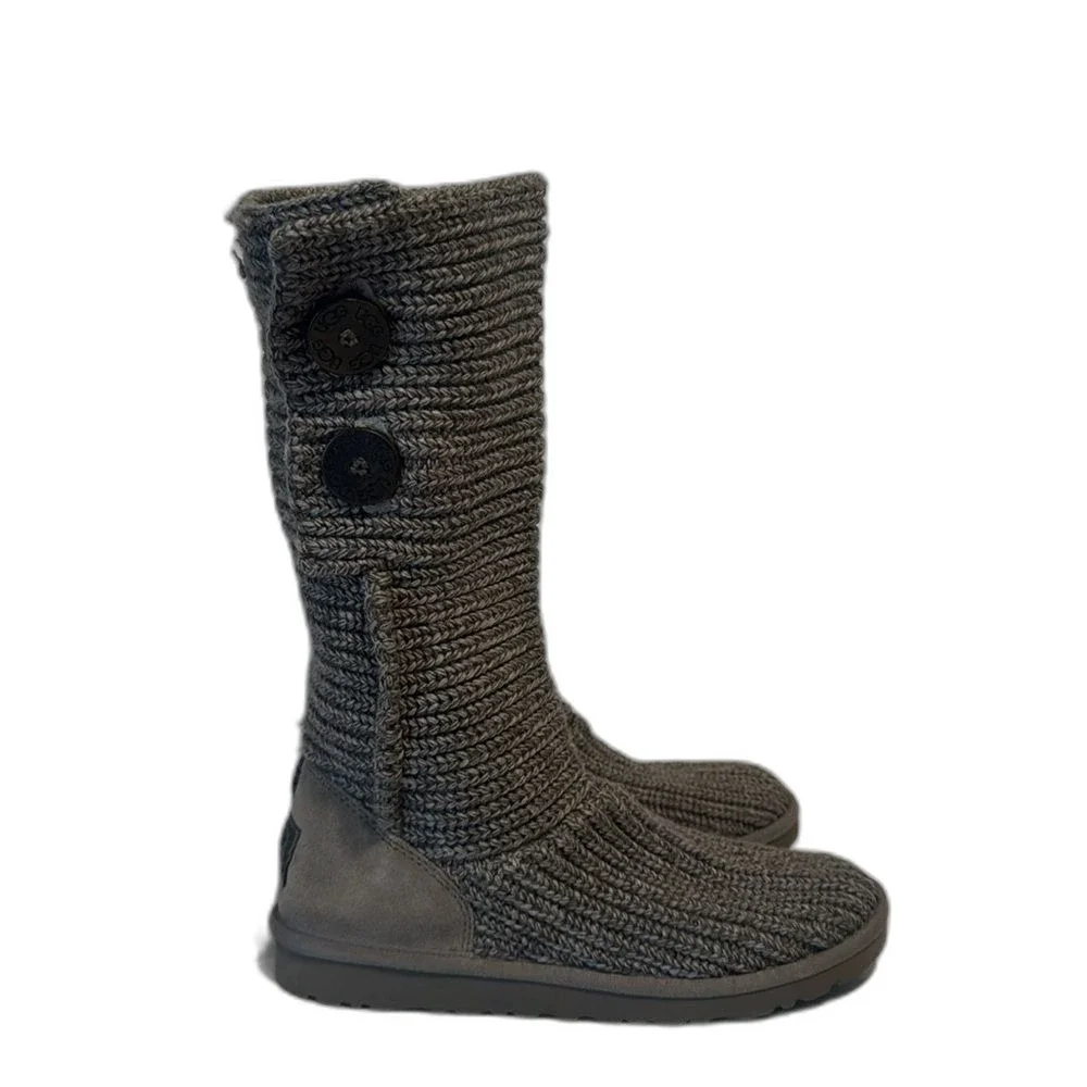 UGG Cardy 5649 Gray Sock Knit Tall Button Slipper Winter Boots Womens 6